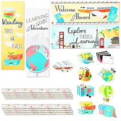 Bulletin Board Borders and Cutouts, Travel Theme Classroom Decor (42 Pieces) Multicolor