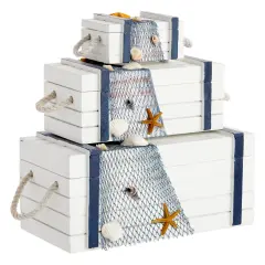 Nautical Box Set, Beach Theme Wooden Jewelry Boxes for Ocean Decor (3 Sizes) Grey
