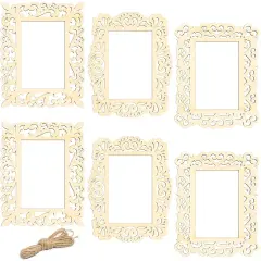 Unfinished Wooden Picture Frames for Crafts with Cutouts and String (6 Pack) Brown