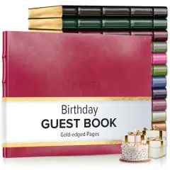 Gallery Leather Birthday Guest Book for Party Celebrations - Hardcover, Bound Leather Sign in Guest Book with 192 Lined Pages for Messages & Photos - 7" x 9" Acadia Wild Rose