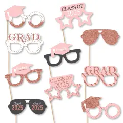 Big Dot of Happiness Rose Gold Grad Glasses - 2025 Paper Card Stock Graduation Party Photo Booth Props Kit - 10 Count