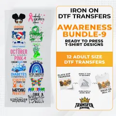 Iron on DTF Transfer Awareness Month Bundle 9 - 12 Best Seller T-shirt Designs Ready To Press