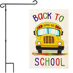 G128 Combo Pack: Garden Flag Stand 36x16IN & Garden Flag Back to School Bus Printed 12x18IN Double Sided
