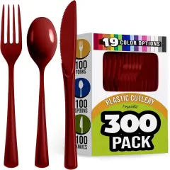 Exquisite Polished Plastic Silverware &ndash; 150 Pcs Heavy Duty Cutlery Set &ndash; 50 Each of Forks, Knives & Spoons &ndash; Disposable Utensil Set for Parties, Events & Catering &ndash; Flatware Set by Party Solids Burgundy