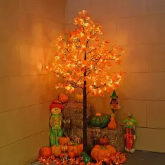 7FT LED Lighted Maple Tree - Dotted with 208 Warm White LED Lights Orange for Thanksgiving Harvest Fall Festival Home Party Decoration