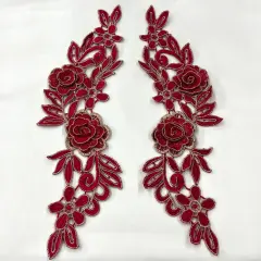 1 Pair 3D Floral Lace Applique Embroidered on 100% Polyester Net Mesh 14" x 5" Each Side Red/gold