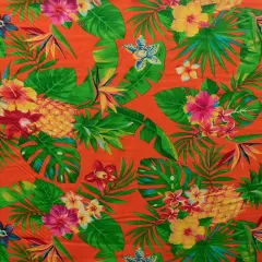 1 Yard Pineapple Tropical Flowers & Leaves Cotton Fabric 100% Cotton, 45&rdquo; Wide Orange