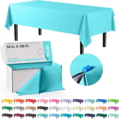 Exquisite Party Solids 54" x 100' Plastic Table Cover Roll with Slide Cutter &ndash; Cut-to-Size Dispenser Box &ndash; Makes Up to 36 Disposable 8' Rectangle Tablecloths Light Blue