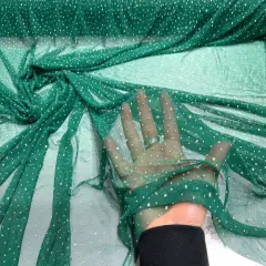 1 Yard Sheer Power Mesh With AB Rhinestones Stretch Fabric for Dancewear, Gowns & DIY Emerald Green