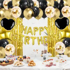 Black Gold Happy Birthday Decorations for Women Girls, Foil Heart Star Confetti Balloons