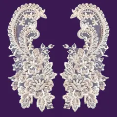 1 Pair Beaded Bridal Lace Applique Embroidered on 100% Polyester Organza 8.75" x 4" Each Side White