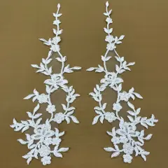 1 Pair Beaded & Corded Floral Lace Applique 17" X 4.5" Each Side, 100% Polyester Net Mesh White