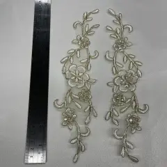 1 Pair Beaded & Corded Lace Applique Embroidered on 100% Polyester Organza 10" x 2" Each Side Ivory / Gold