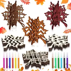 36 Pcs Fall Crafts Set 24 Maple Leaf Wood DIY Crafts Cutouts with 12 Colored