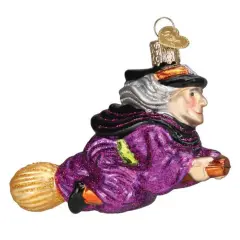 Old World Christmas 2.75 In Witch On Broomstick Halloween Tree Ornament , Halloween Ornament Flying Cape Purple