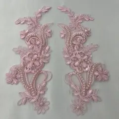 1 Pair Beaded & Corded Floral Lace Applique 9" x 2.5" Each Side Pink (BP)
