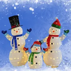 Enchanting White Plush Lantern Snowman Family Set for Holiday Decor 62" & 60" & 35"H