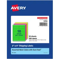 Avery 2"x 4" Neon Shipping Labels with Sure Feedfor Laser Printers, Assorted: Green, Pink, Yellow Labels, 500 Neon Labels (5956)