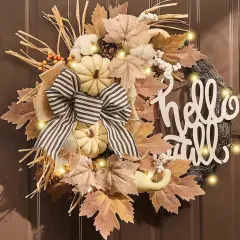 Neutral Autumn Door Wreath with Lights
