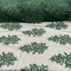 1 Yard Hunter Green Sequin Lace Fabric 100% Polyester Embroidered Mesh with Scalloped Edges 51&rdquo; Wide
