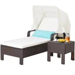 Costway 2PCS Patio Rattan Lounge Chair Chaise with Side Table Folding Canopy Cushion Pillow