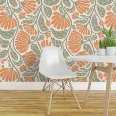 Pre-Pasted Wallpaper 2FT Wide Boho Floral Modern Farmhouse Chic Cottage Vintage Botanical Damask Flowers Rustic Kitchen Moss Sage Green Retro Block Print Peach Orange Large Custom Pre-pasted Wallpaper by Spoonflower
