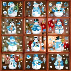 Christmas Window Clings - 13 Sheets Blue Snowman Snowflake Decals