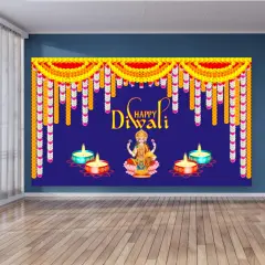 Happy Diwali Banner Indian Traditional Cloth 5x8 Feet Backdrop Indian Diwali Decor Pooja Wall Decor Indian Wall Art Photo Decor Banner Decorative Pooja Cloth Diwali Celebration Blue