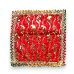 Cloth Pooja Mat Aasan Decorative Silk Mix Fabric Cloth for God Goddess Idol Puja Asan Mandir Temple Home Office Decor Base Chowki Asana Indian Festival Diwali Decoration - Housewarming Gift Red