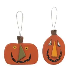 2-Piece Wooden Jack-O&rsquo;-Lantern Pumpkin Face Ornaments Set Fall Seasonal Decorations with Hangers