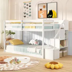 White Twin Over Twin Bunk Bed with Sturdy Pine Wood Frame Storage Staircase and Safety Guardrails