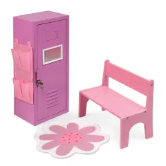 Badger Basket School Style Single Doll Locker Set with Bench, Rug and Accessories - Purple/Pink