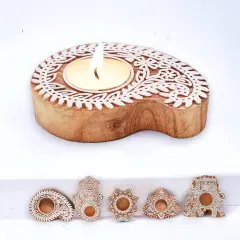 Wooden Block Print Tea Light Candle Holders for Diwali Handmade Tlight for Deepawali Decoration Items Designer Diya Deepam for Goddess Worship Housewarming Gifts (hamsa/paisley/star/lotus)