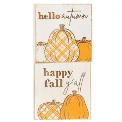 Wooden Fall Decor Blocks with Pumpkin Graphics, Freestanding Seasonal Signs 2 Asstd.