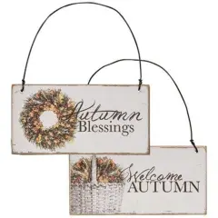 Freestanding Off-White Metal and Wood Autumn Blessings Ornament with Rustic Basket Graphic 2 asstd.