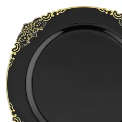 Black with Gold Fancy Round Disposable Plastic Salad Plates - 7.5" (120 Plates)