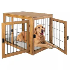 Furniture-Style Dog Crate Acacia Wood Kennel Large Dogs Cage Furniture, Natural