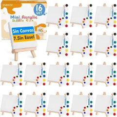 16 Set Mini Acrylic Paint Kit,5in Mini Stretched Canvas with 7.5in Easel