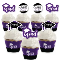Big Dot of Happiness 2025 Purple Graduation Cupcake Decoration - Party Cupcake Wrappers and Treat Picks Kit - Set of 24