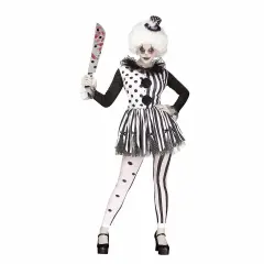 Women&rsquo;s Black & White Killer Clown Costume, Long-Sleeve Dress with Ruffled Collar and Polka Dot Hat