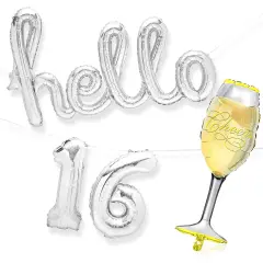 16th Birthday Balloons, Hello 16 (Holographic, 8 Pieces) Silver