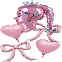 5pcs Pink Bow Balloons, Crown Girl Doll Foil(Hot Pink)