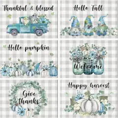 Fall Placemats Set of 6 Buffalo Plaid(Blue and Gray)