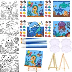 4 Packs 7.8x7.8 Pre Drawn Canvas Paint Set,Paint by Numbers for Kids,48 Paints 8 Brushes 2 Easels