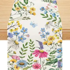 Spring Table Runner, Wildflowers Floral Butterfly Table Decoration Seasonal Summer Home Kitchen Dining Table Indoor Outdoor Farmhouse Decor 13x72 Inch