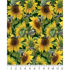 Sunflowers And Birds Cotton Fabric | By the Yard | Sewing and Crafting | 44 inches wide