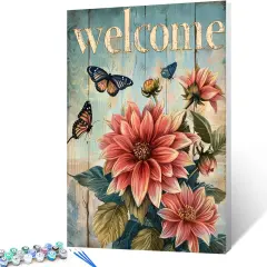 "welcome" Sign Paint by Numbers for Adults Beginners-Paint by Number Vintage Wood Grain,DIY Butterfly and Dahlia Acrylic Paint by Numbers Kits on Canvas for Adults Beginner 16x20inch(Without Frame)
