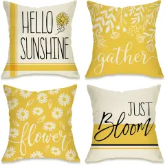 Hello Sunshine Decorative Throw Pillow Cover 20 x 20 Set of 4, Spring Summer Yellow Daisy Floral Flower Porch Patio Outdoor Pillowcase, Just Bloom Gather Sofa Couch Cushion Case