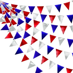 Red White Silver Party Decorations Metallic Fabric Triangle Pennant Banner Flag Bunting Garland for Graduations 4th of July American USA National Day Patriotic Veterans Birthday Outdoor Party Supplies