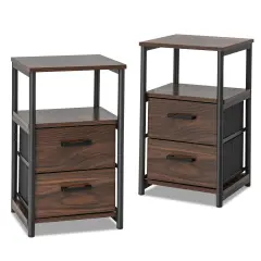 Bedside Table Set of 2 with Removable Fabric Drawers and Metal Frame-Walnut